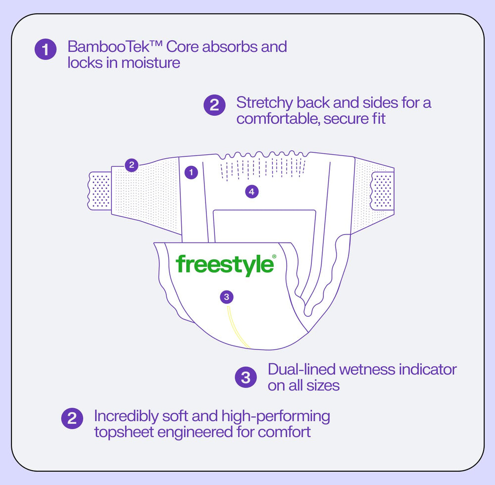Freestyle BambooTek diapers size-2 Net Zero Plastic Waste certification signals sustainable choice.