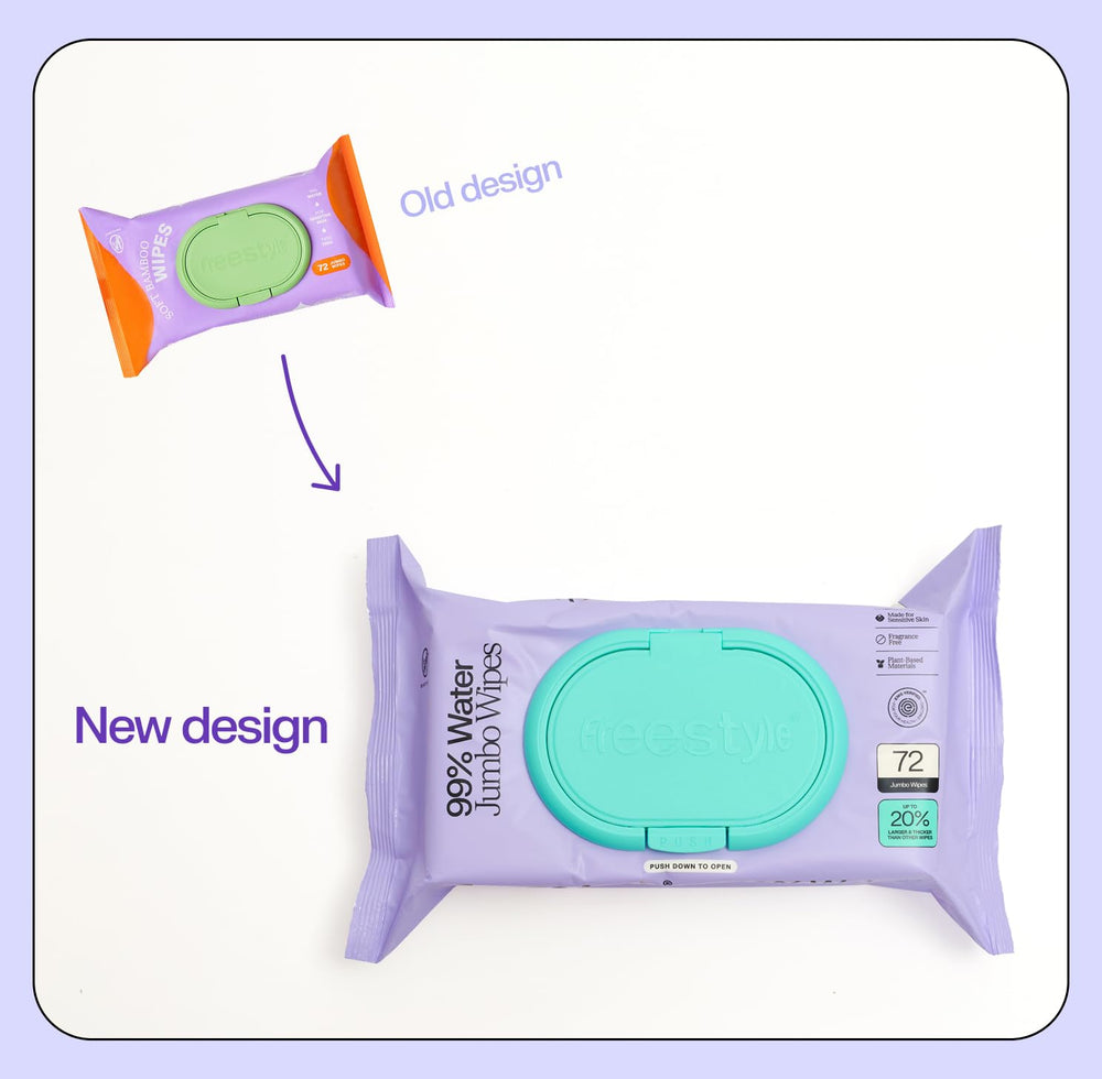 Freestyle Soft Jumbo Baby Wipes water-based formula close-up highlights mild cleansing for sensitive skin