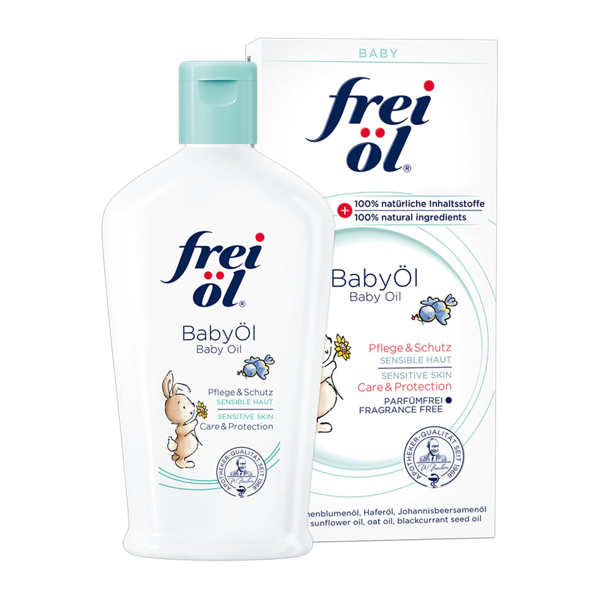 frei öl Baby Oil bottle demonstrates fragrance-free hydration for sensitive skin.