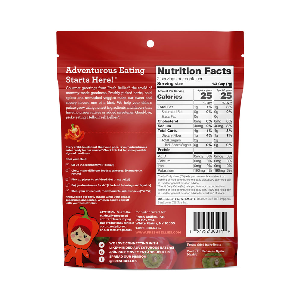 Fresh Bellies Pepperlicious portable snack—roasted pepper crunch, gluten-free and kid-friendly.