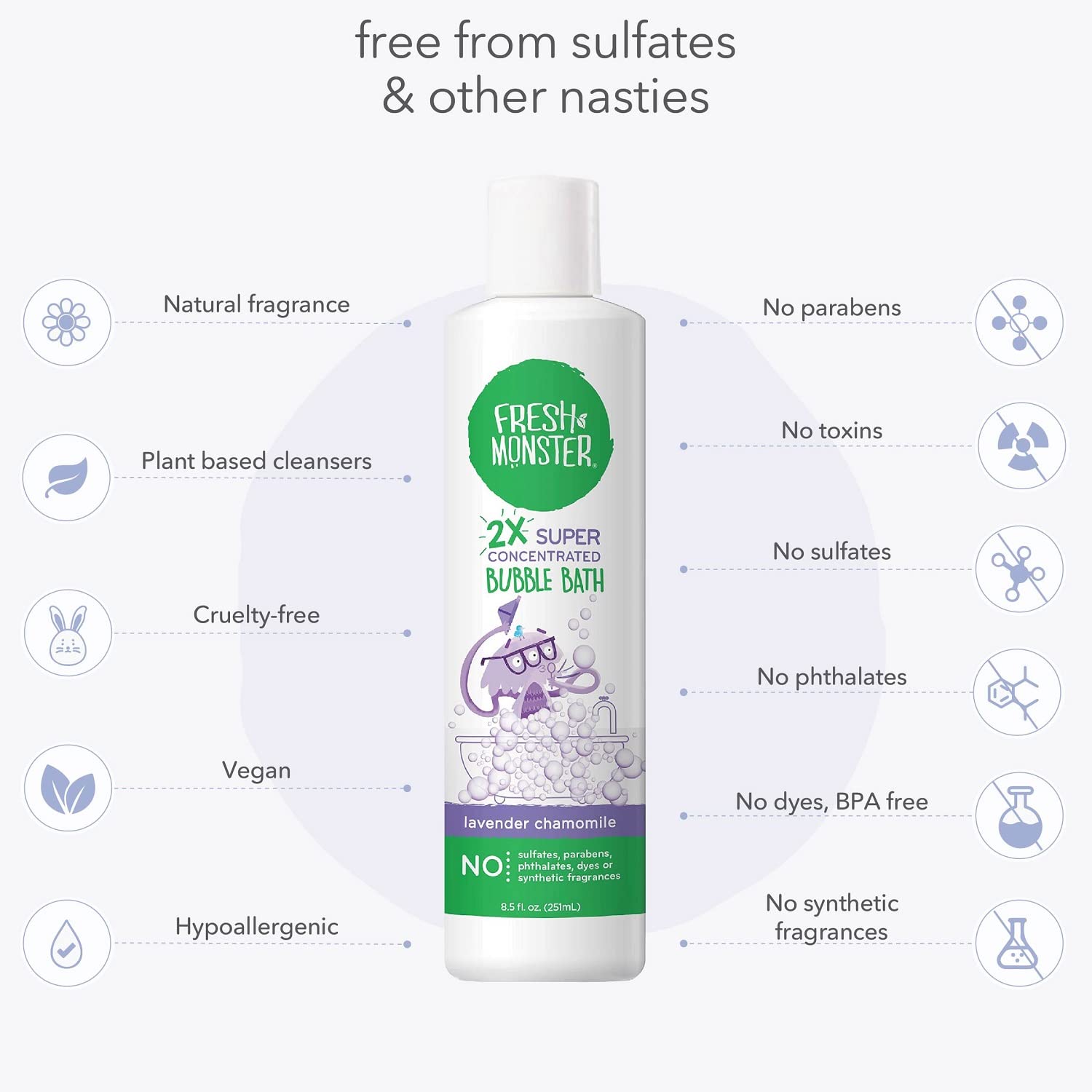 Fresh Monster bubble bath chamomile oil close-up emphasizes soothing aroma for kids.