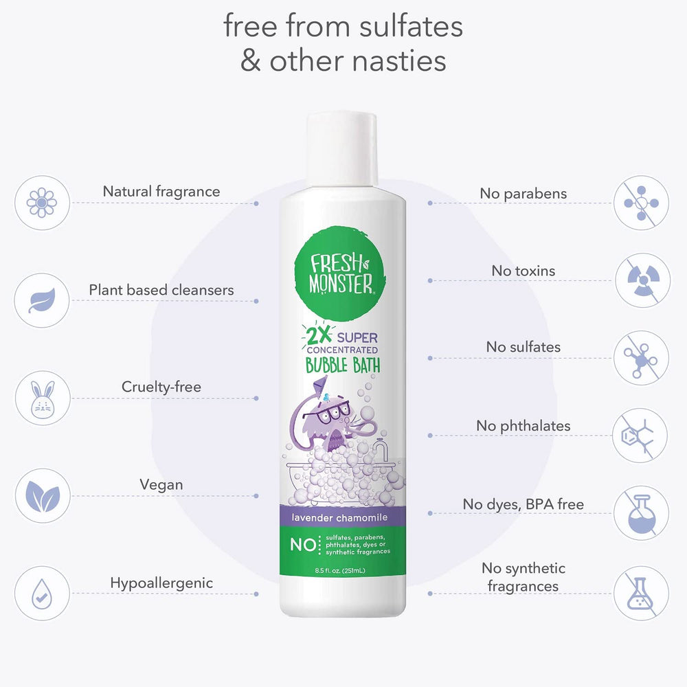 Fresh Monster bubble bath chamomile oil close-up emphasizes soothing aroma for kids.