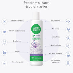 Fresh Monster bubble bath chamomile oil close-up emphasizes soothing aroma for kids.