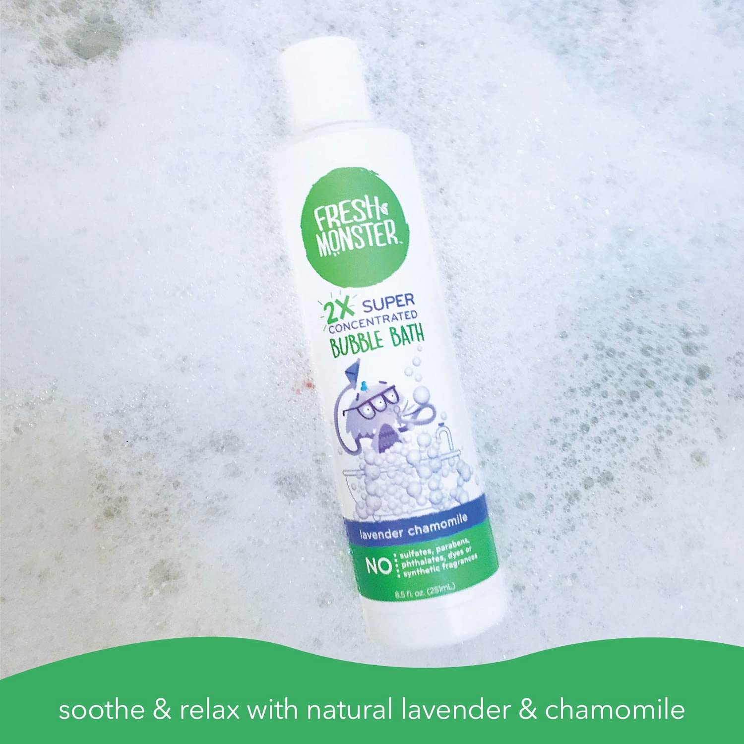 Fresh Monster bubble bath no-toxins label communicates safe ingredients.