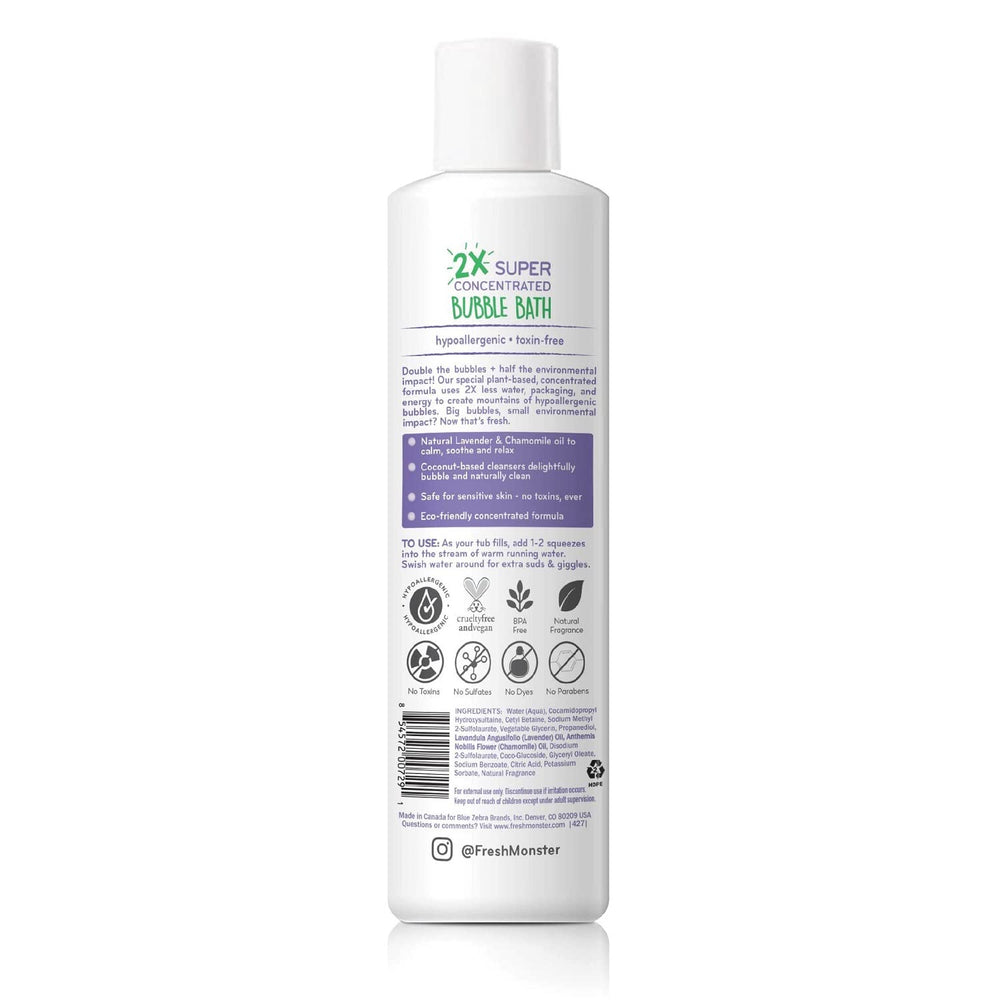 Fresh Monster bubble bath running water stream shows easy 1-2 squeezes for big bubbles.