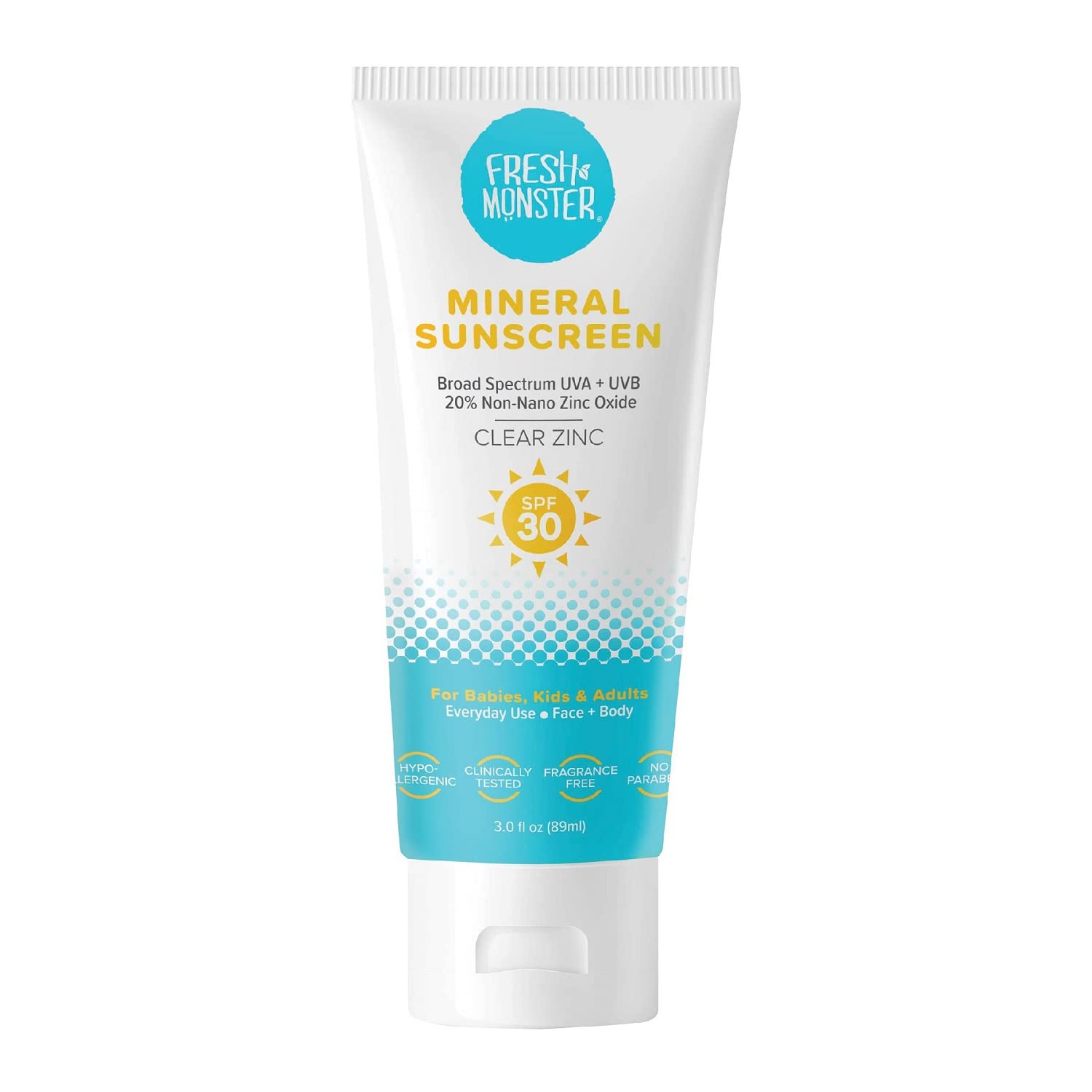 Fresh Monster Daily Kids Sunscreen packaging with reef-safe label for family beach days.