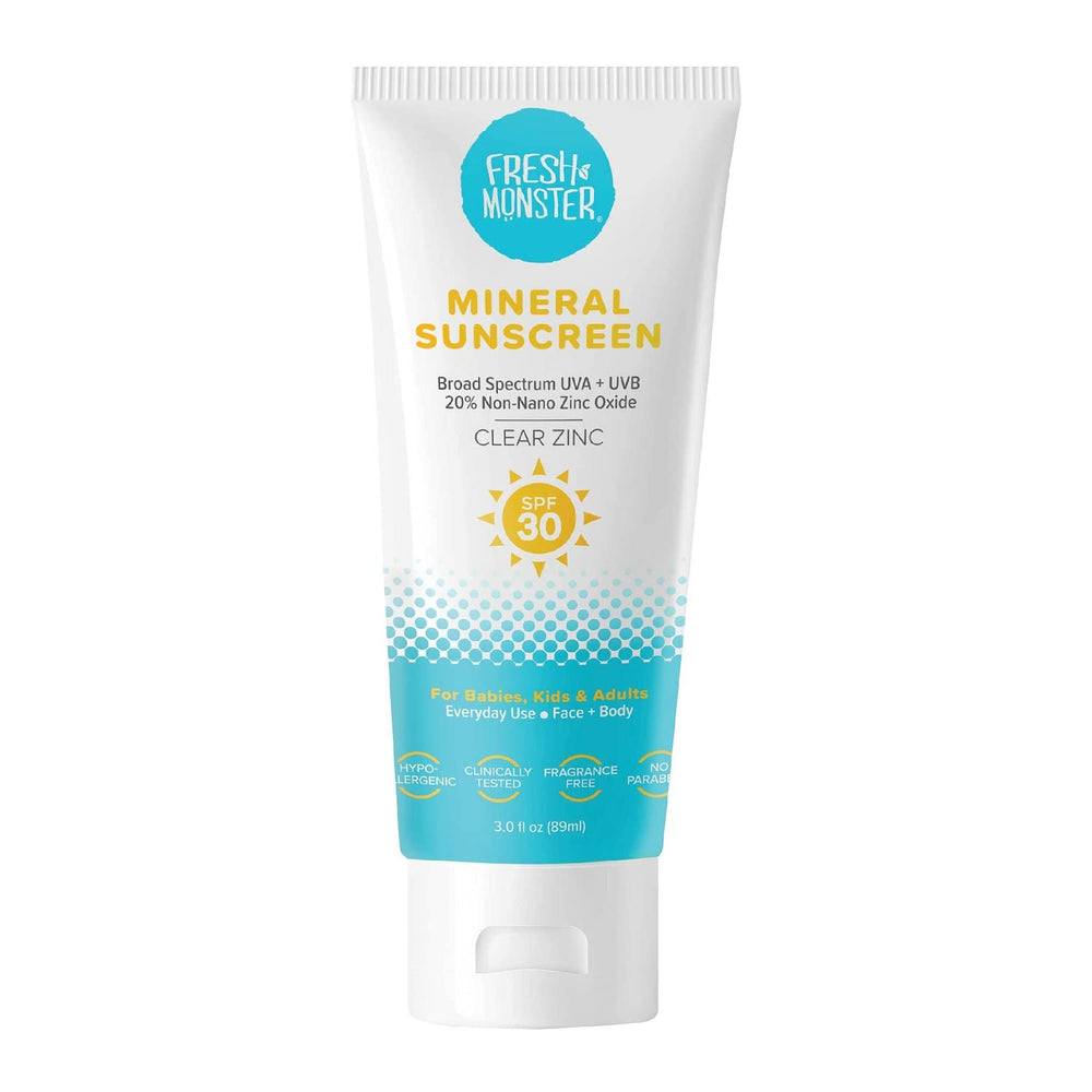 Fresh Monster Daily Kids Sunscreen packaging with reef-safe label for family beach days.