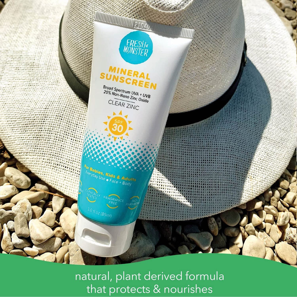 Fresh Monster reef-safe label close-up emphasizes eco-friendly protection for oceans and kids.