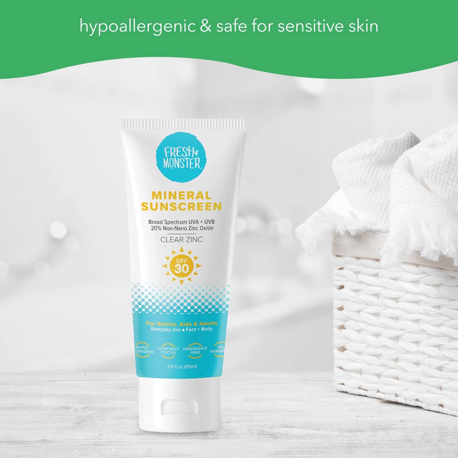 Fresh Monster sunscreen in USA-made packaging on shelf evokes family trust.