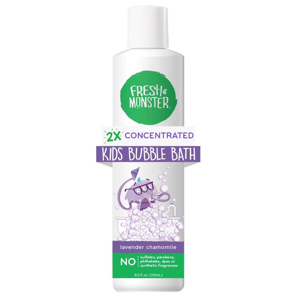 Fresh Monster bubble bath bottle demonstrates plant-based formula for gentle cleansing.