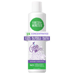 Fresh Monster bubble bath bottle demonstrates plant-based formula for gentle cleansing.