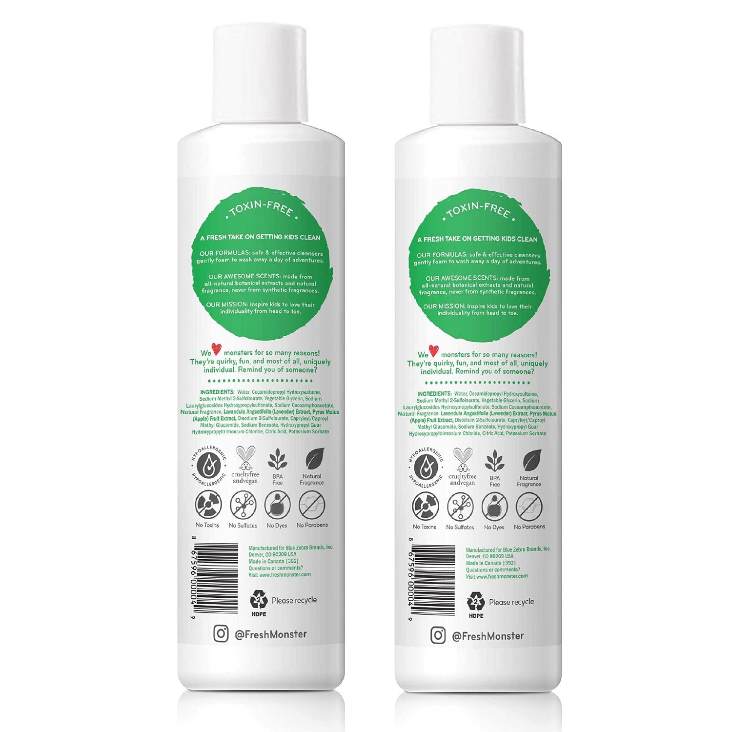 Fresh Monster ocean-splash-bottle-pour demonstrates easy, quick bath time without tears.