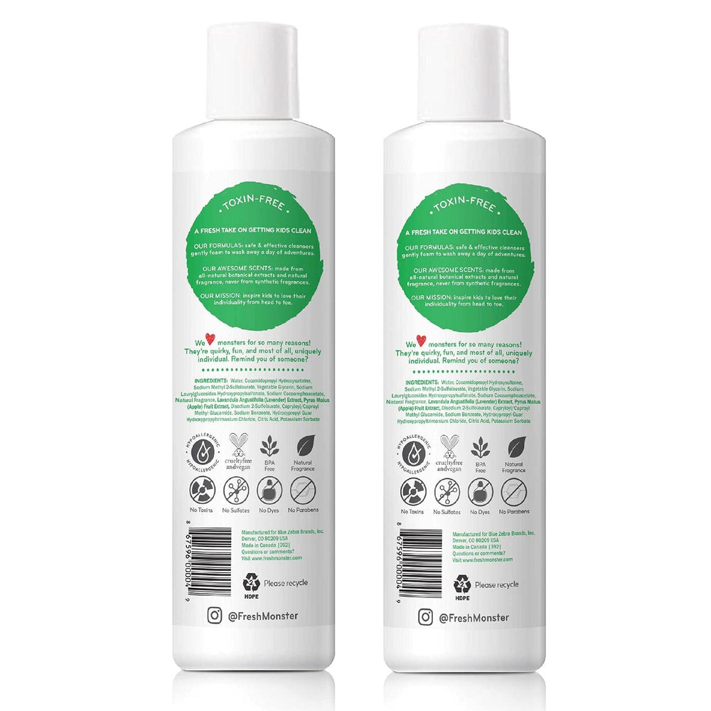 Fresh Monster ocean-splash-bottle-pour demonstrates easy, quick bath time without tears.