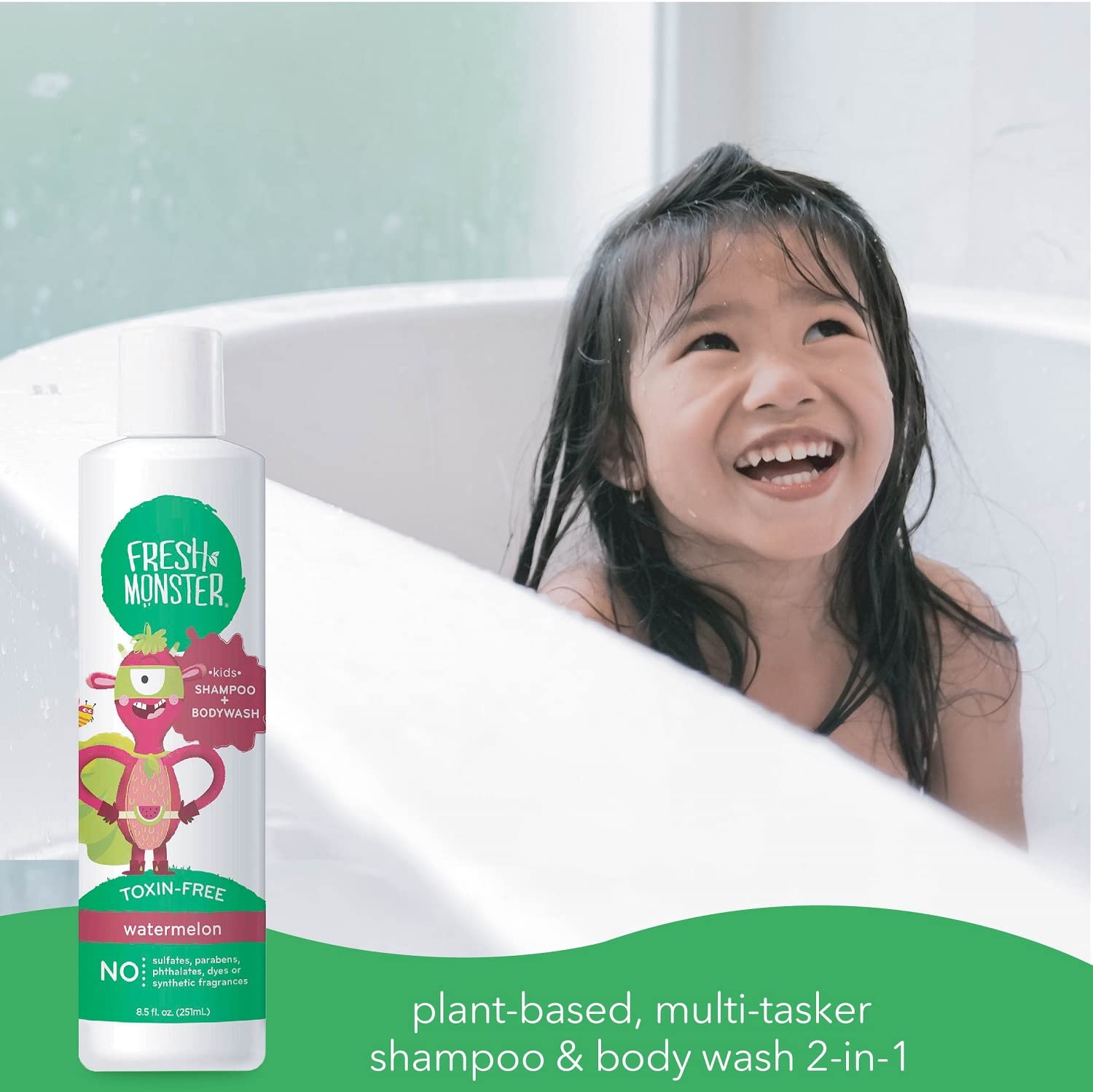Fresh Monster tear-free foam for gentle cleansing during baths.