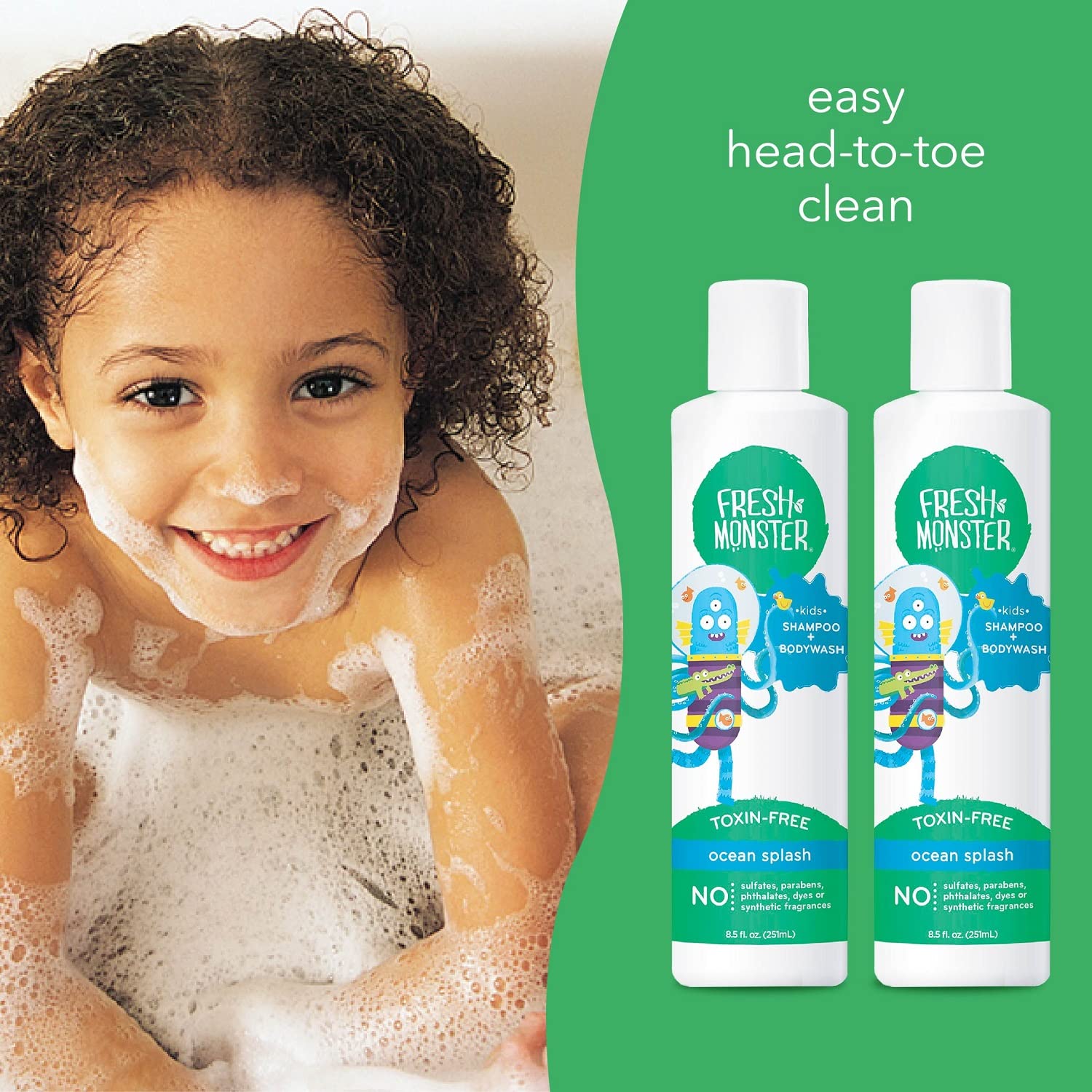 Fresh Monster tear-free-lather offers gentle cleansing that kids actually enjoy.
