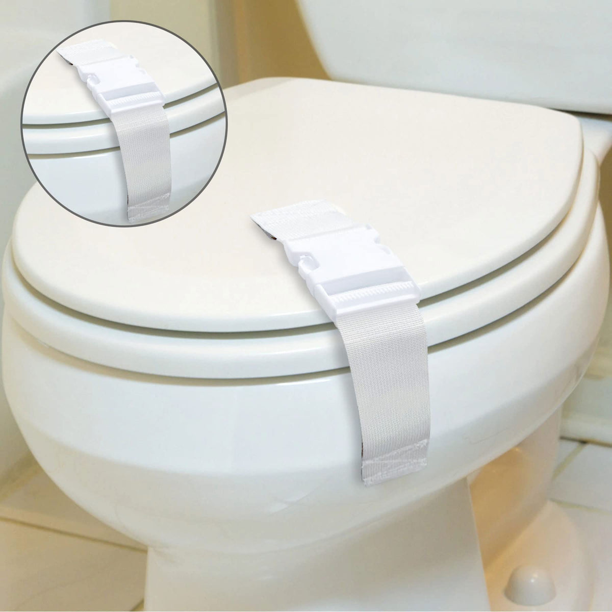 FresherAcc toilet lock 2-pack installed on a toilet lid for child safety.