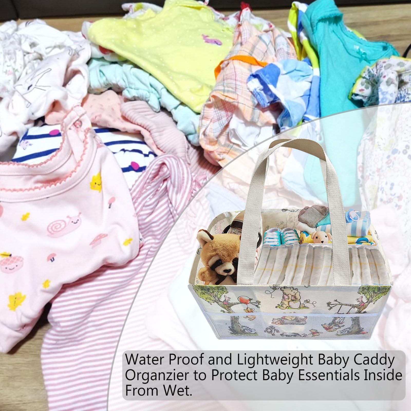 FresherAcc Winnie diaper caddy waterproof fabric protects contents from spills.