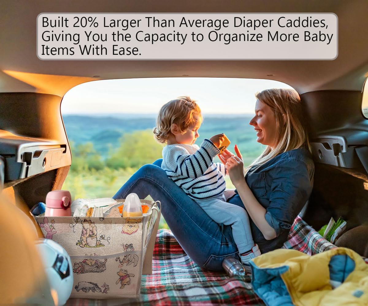 FresherAcc Winnie diaper caddy with wipes and diapers illustrates all-in-one storage.