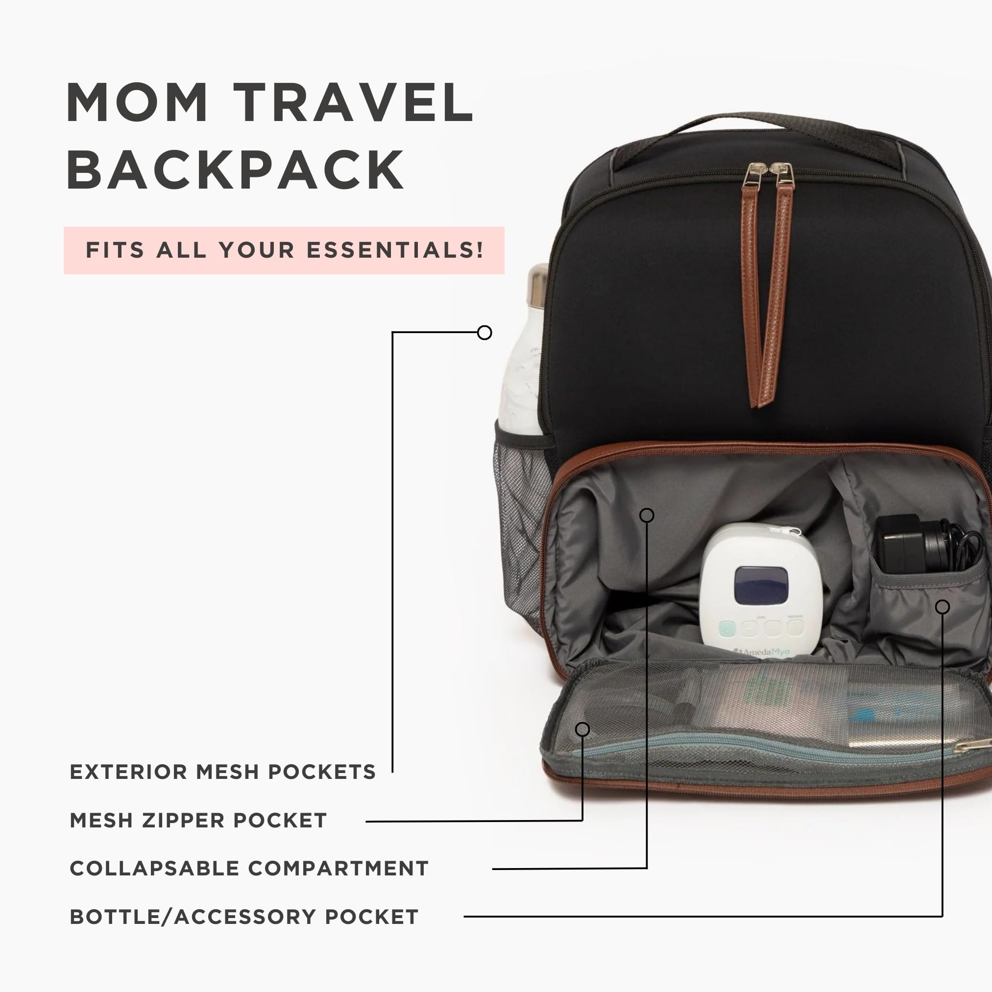 Freshly Picked breast pump backpack expandable front-compartment—space for pump, formula, and bottle.