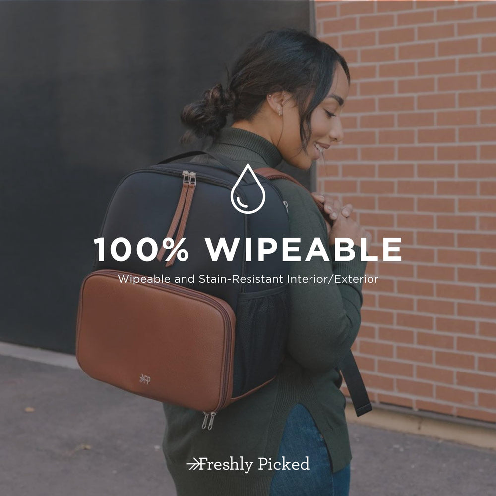 Freshly Picked breast pump backpack wipeable neoprene exterior enables easy cleanup after outings.