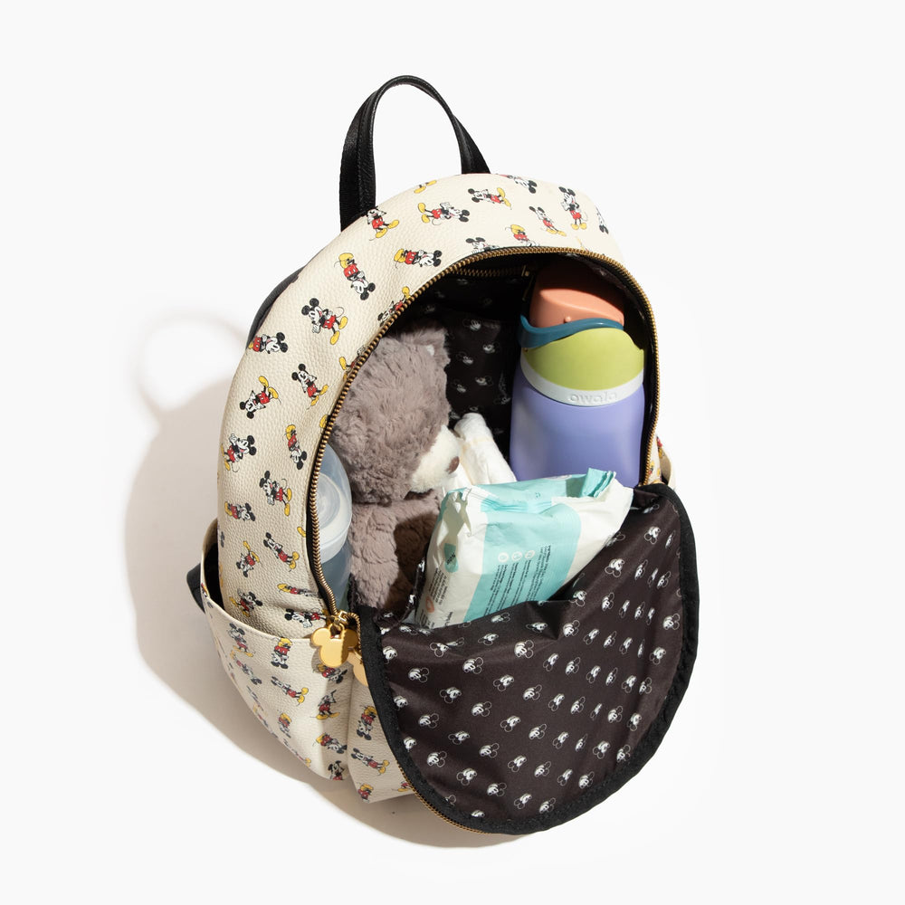 Freshly Picked Disney Mickey Mouse Mini Classic City Backpack stroller clip for hands-free travel.