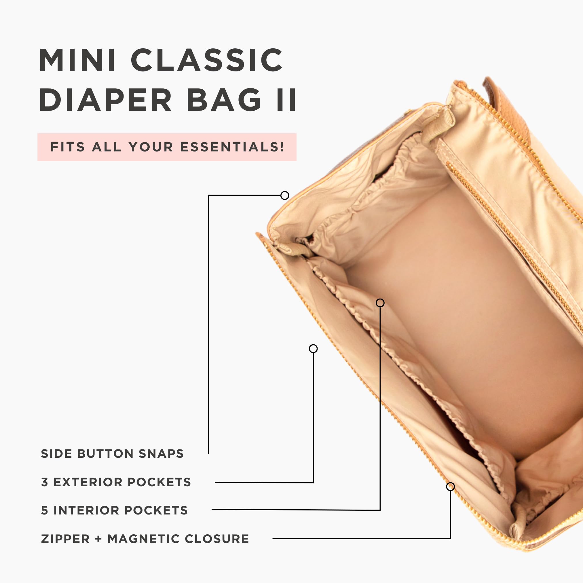 Insulated bottle pocket inside Freshly Picked Mini Classic Diaper Bag Backpack for temperature-friendly drinks.