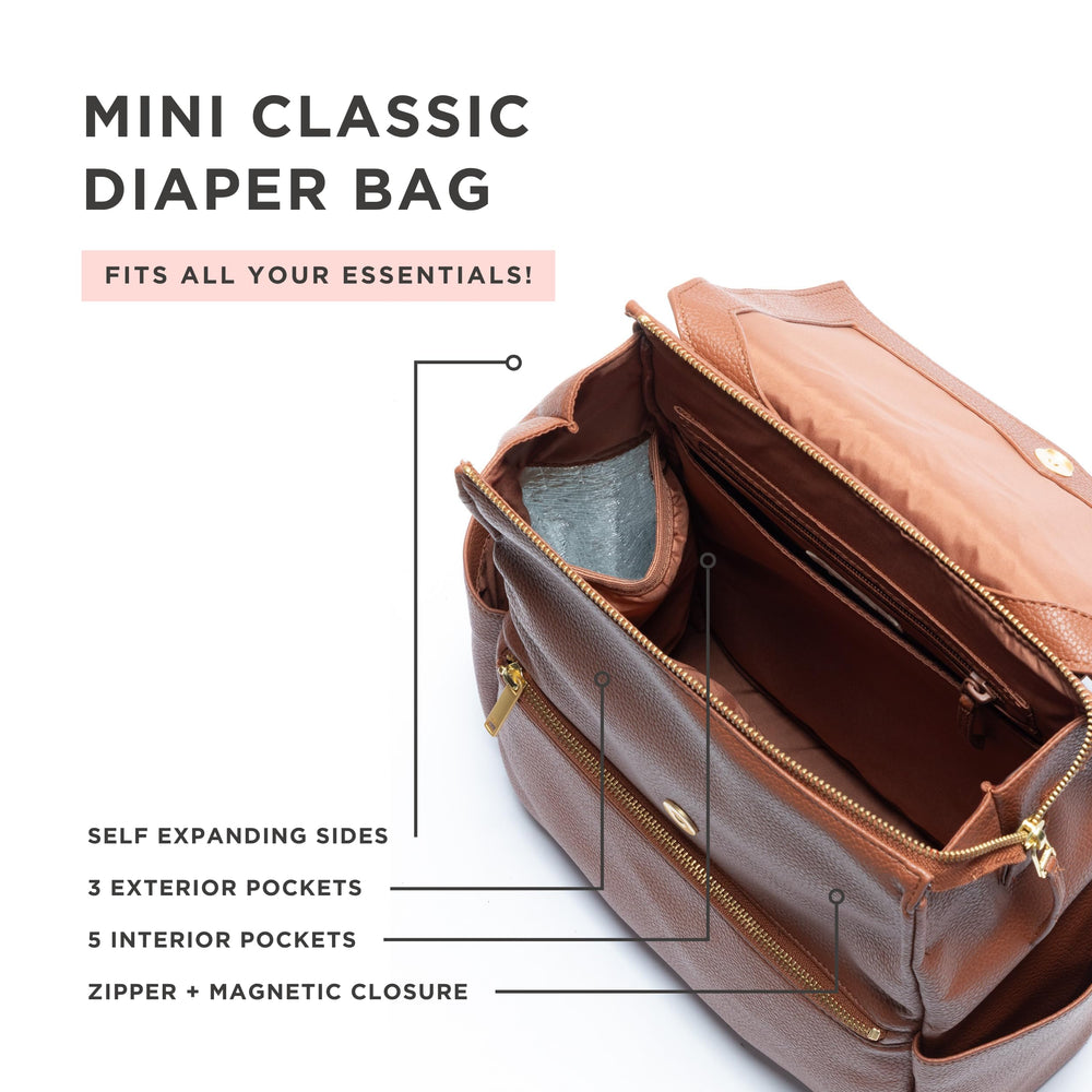 Freshly Picked Mini Classic cognac adjustable straps for comfortable wear