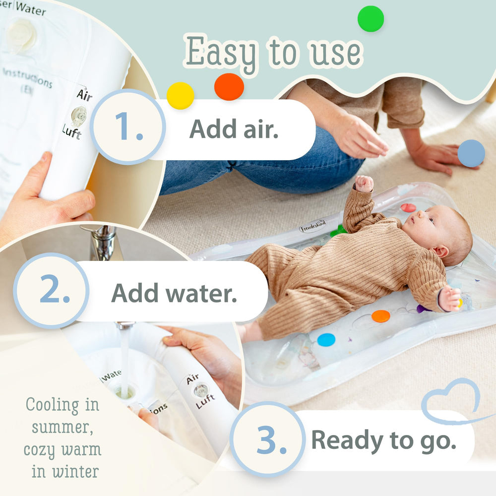 Freudeskind premium water play mat XXL inflation-system demonstrates reliable setup and air-filled stability