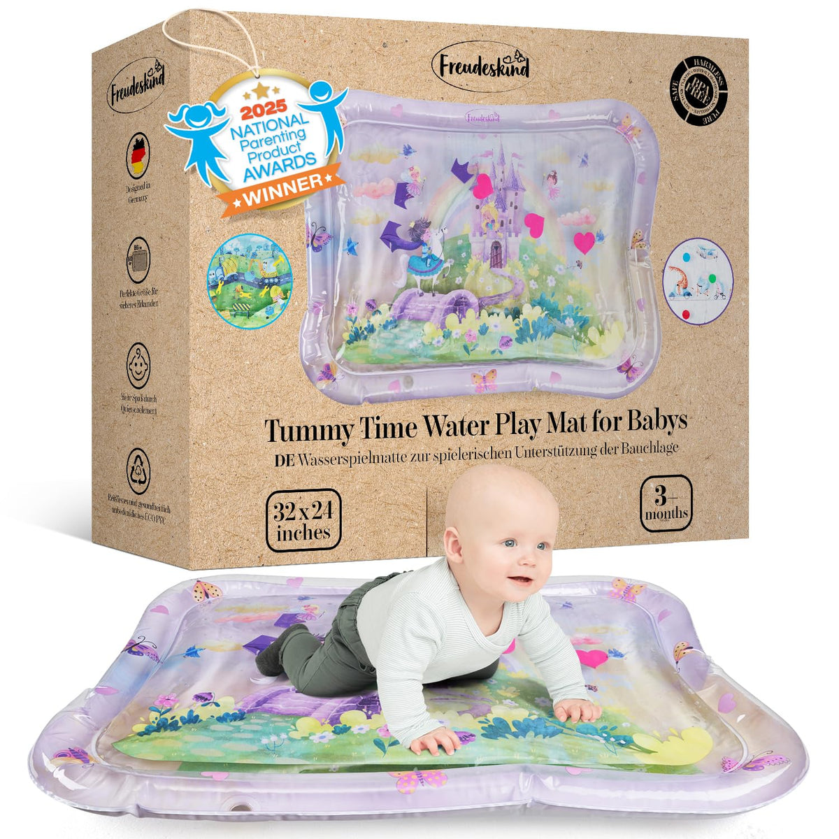 Freudeskind premium water play mat XXL pink tummy time demonstrates safe sensory exploration.