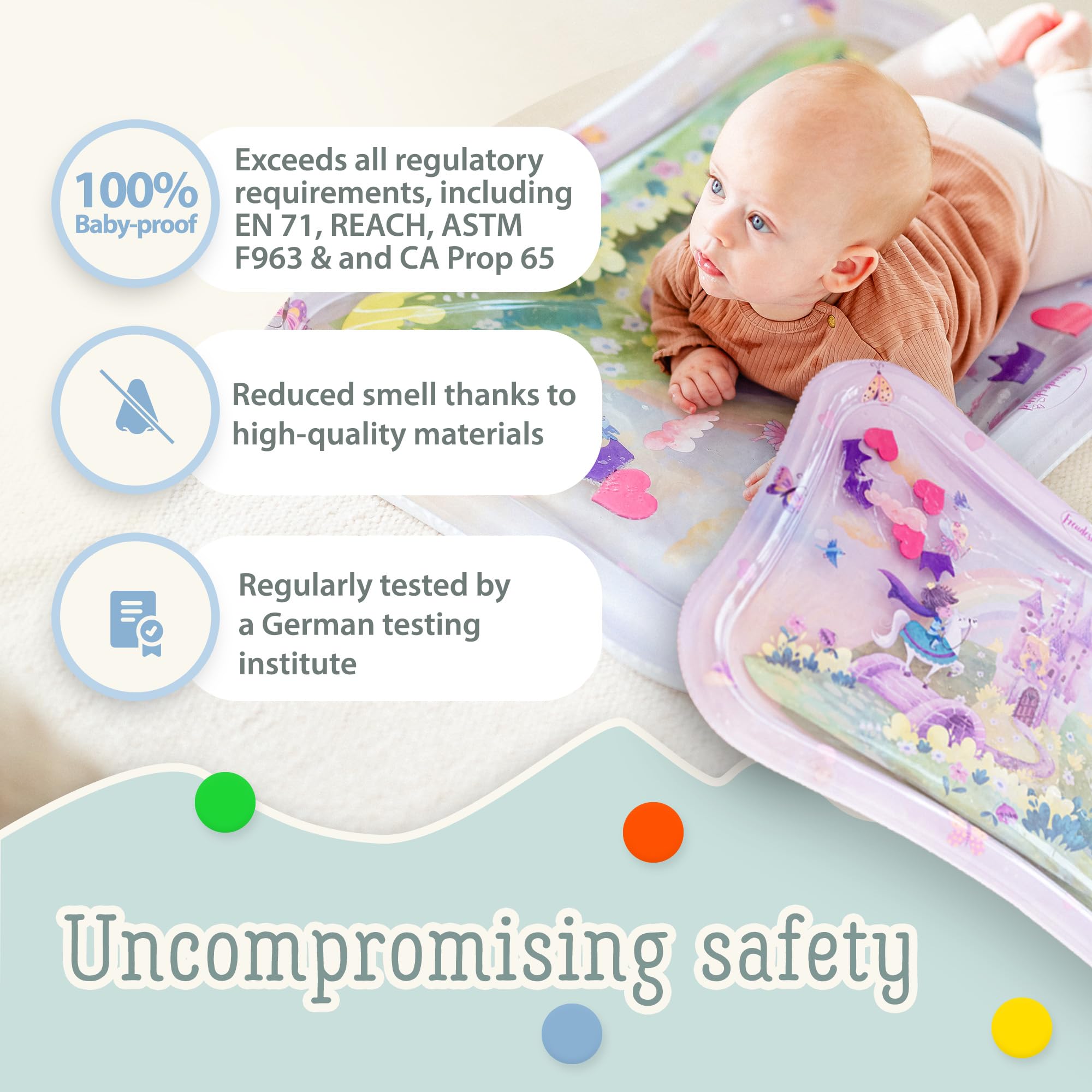 Freudeskind water play mat uses BPA-free, phthalate-free materials for baby safety.