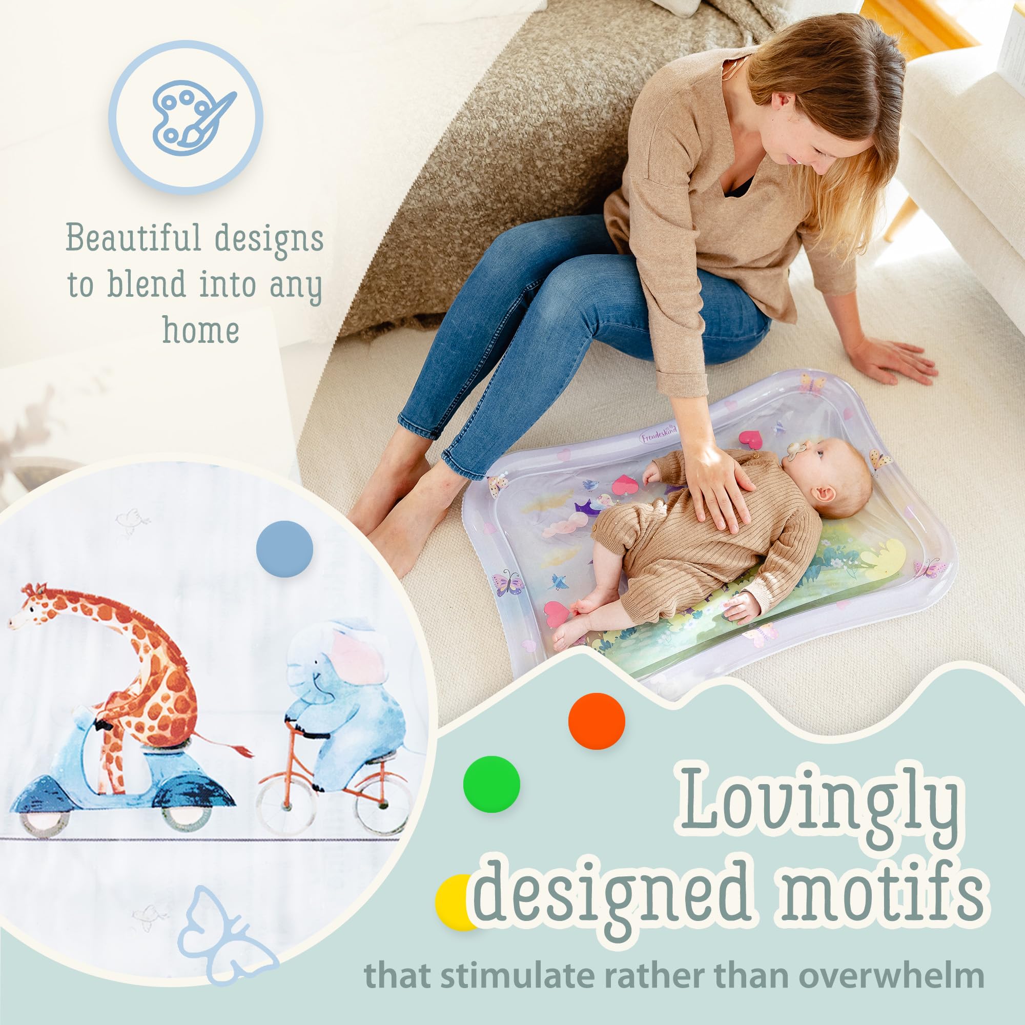 Freudeskind water mat squeaky element adds playful stimulation during tummy time.