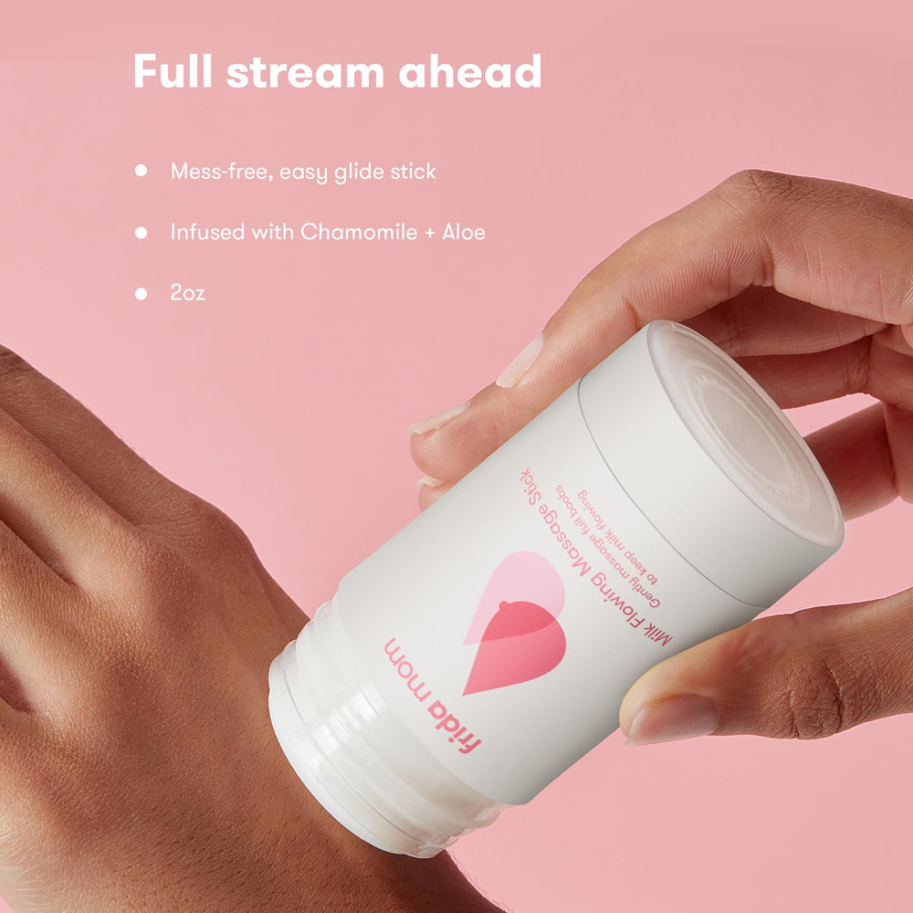 Frida Mom Milk Flowing Massage Stick application demonstrates easy technique for comfortable breast massage.