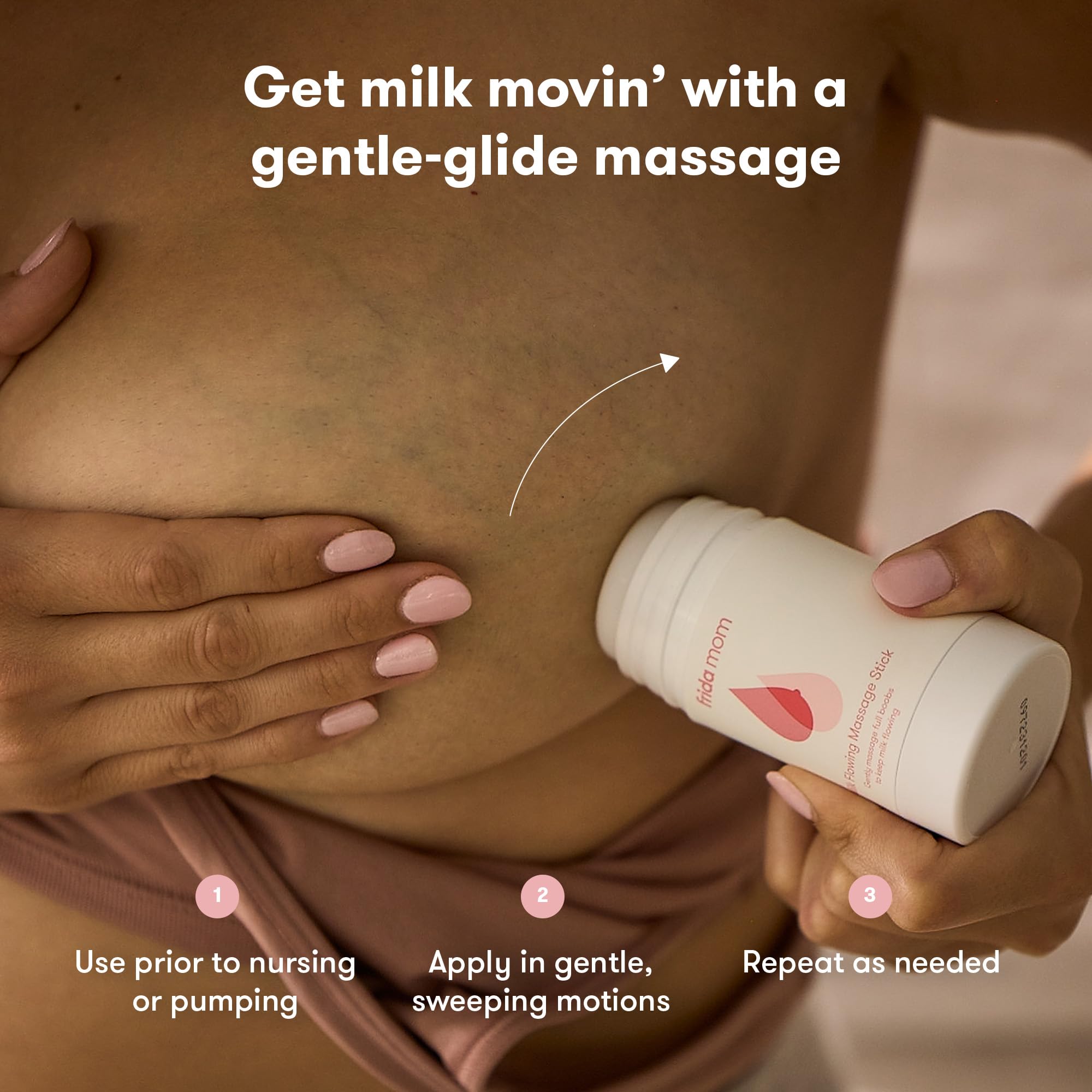 Frida Mom Milk Flowing Massage Stick closeup highlights smooth water-based glide for soothing sessions.