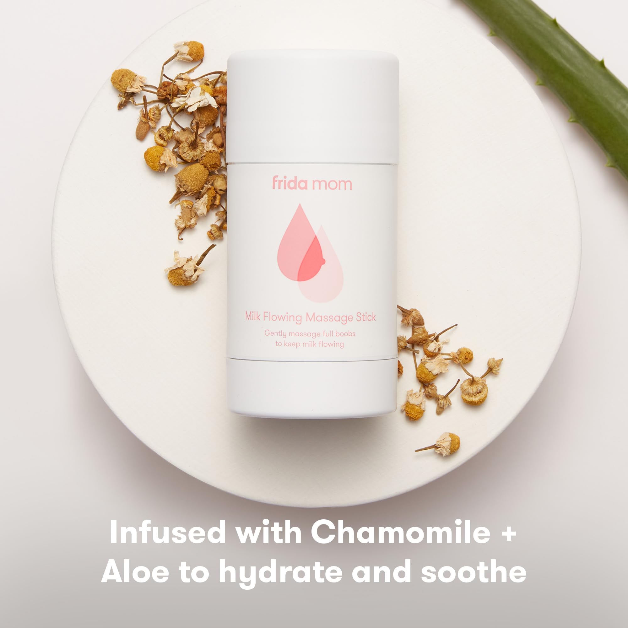 Frida Mom Milk Flowing Massage Stick ingredients showcase aloe and chamomile for gentle hydration.