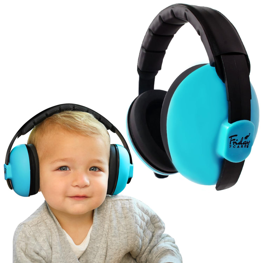 Friday 7Care baby headphones on a blue head, gentle ear protection for infants.