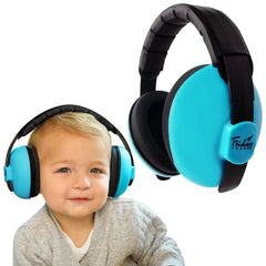 Friday 7Care baby headphones on a blue head, gentle ear protection for infants.