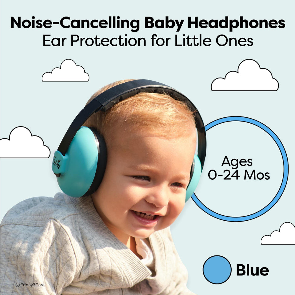 Friday 7Care headphones with adjustable headband in blue for growing infants.