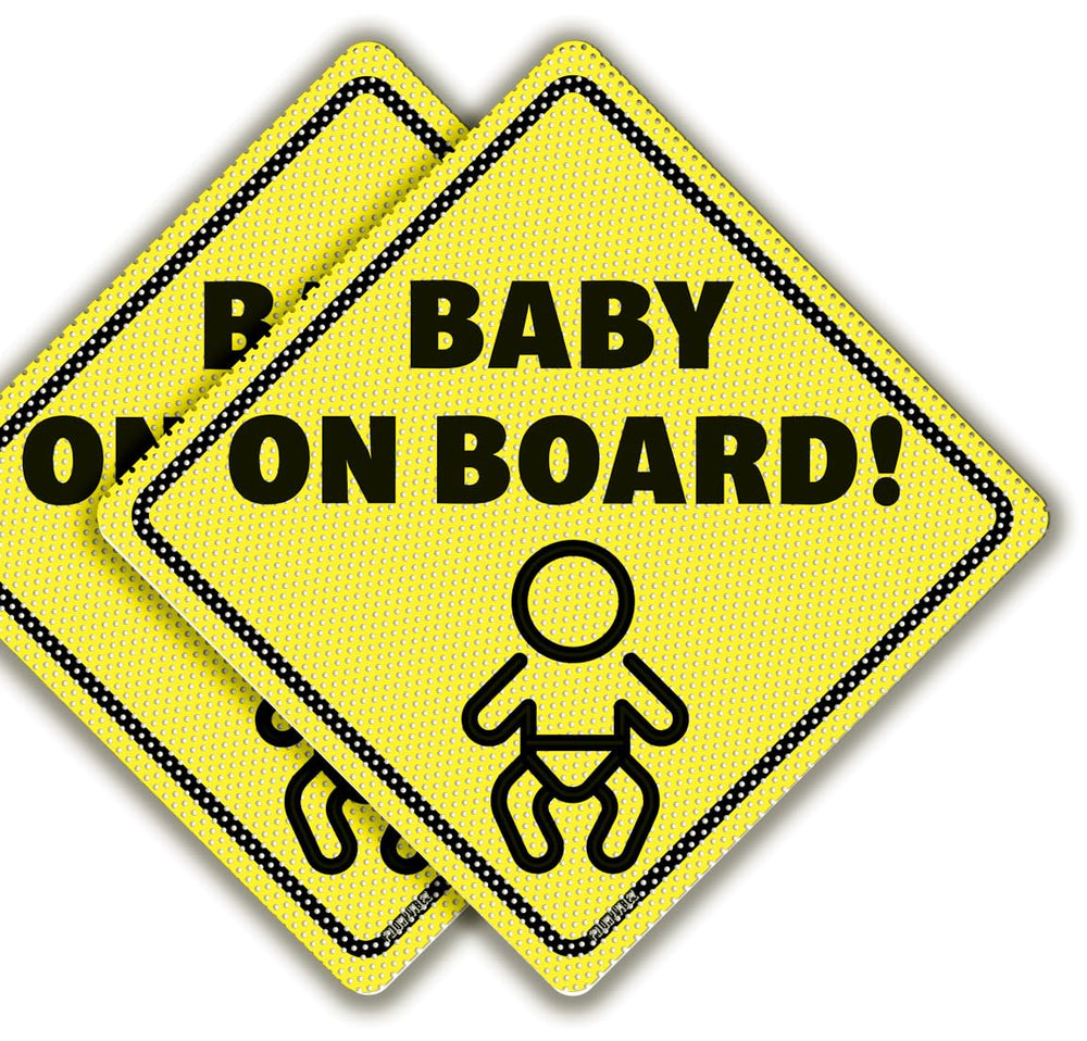 FridayVibez Baby On Board sticker in bright yellow improves visibility for safer driving.