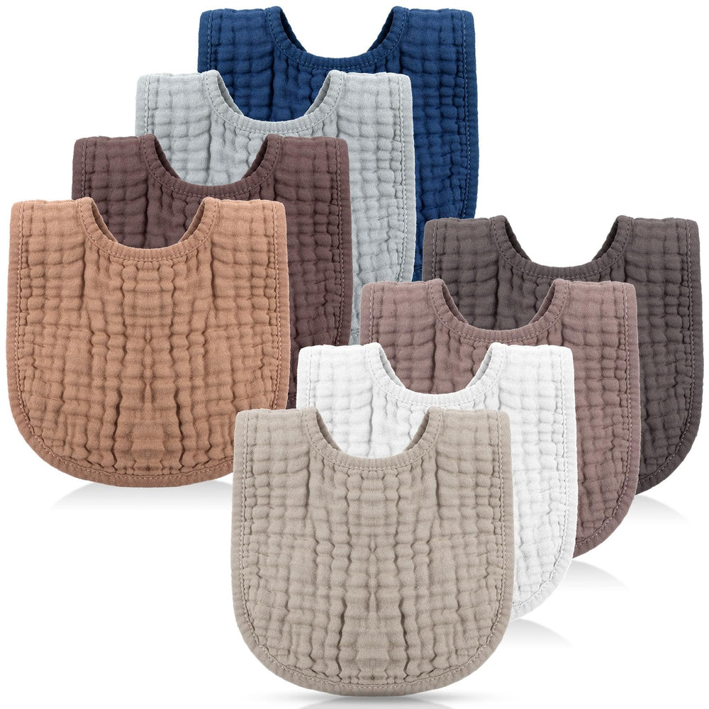 Frienda 8 Pcs Muslin Baby Bibs bulk close-up of colorful bibs for daily mess management