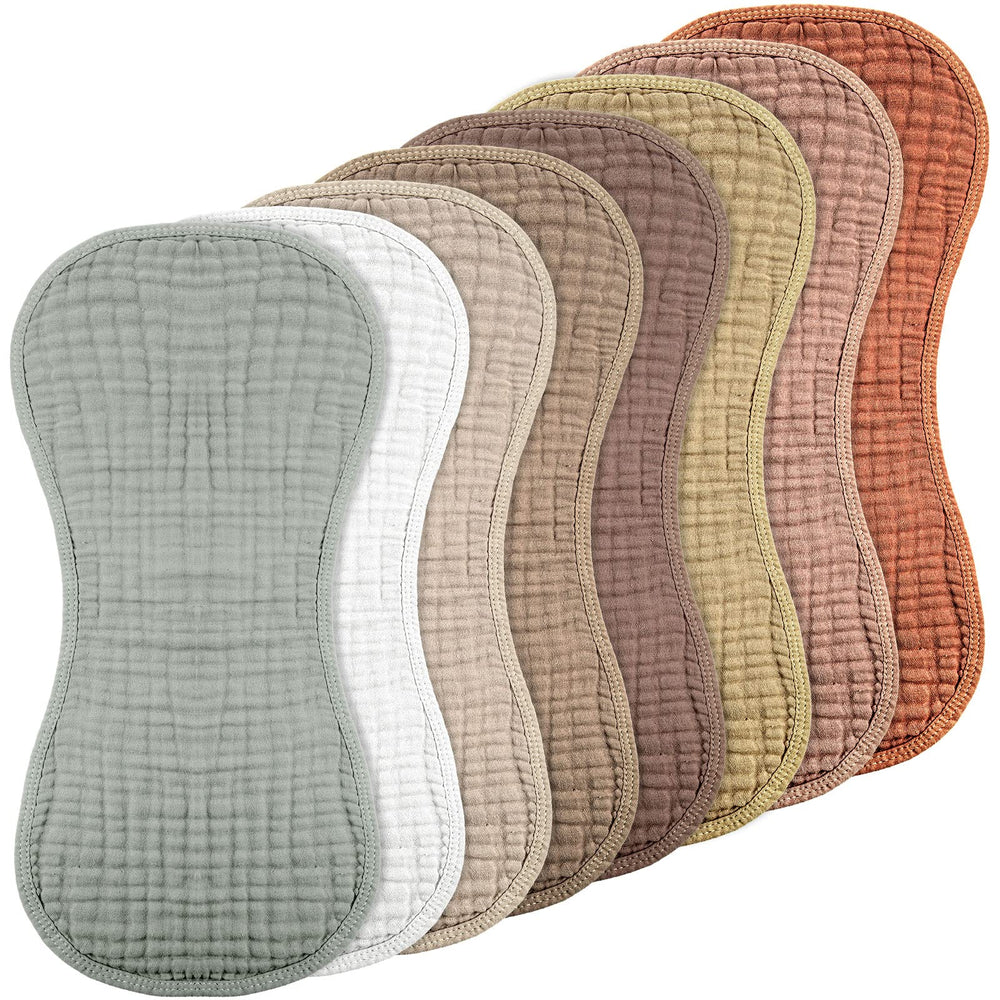 Frienda 8-pack colorful muslin burp cloths ready for everyday baby care and quick cleanups.
