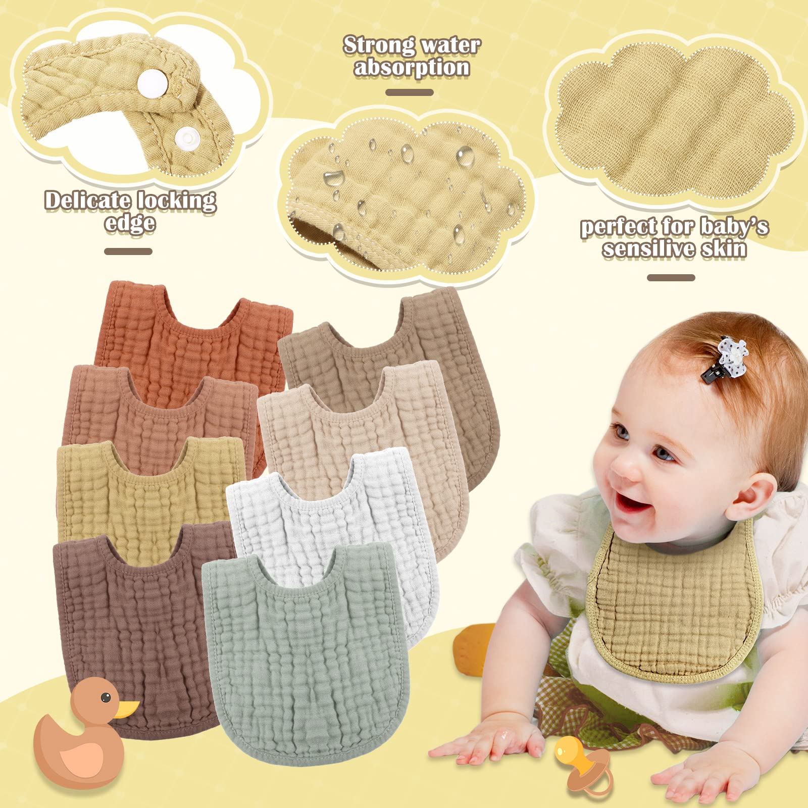 Frienda 6-layer cotton muslin bib with adjustable snap for a secure fit.
