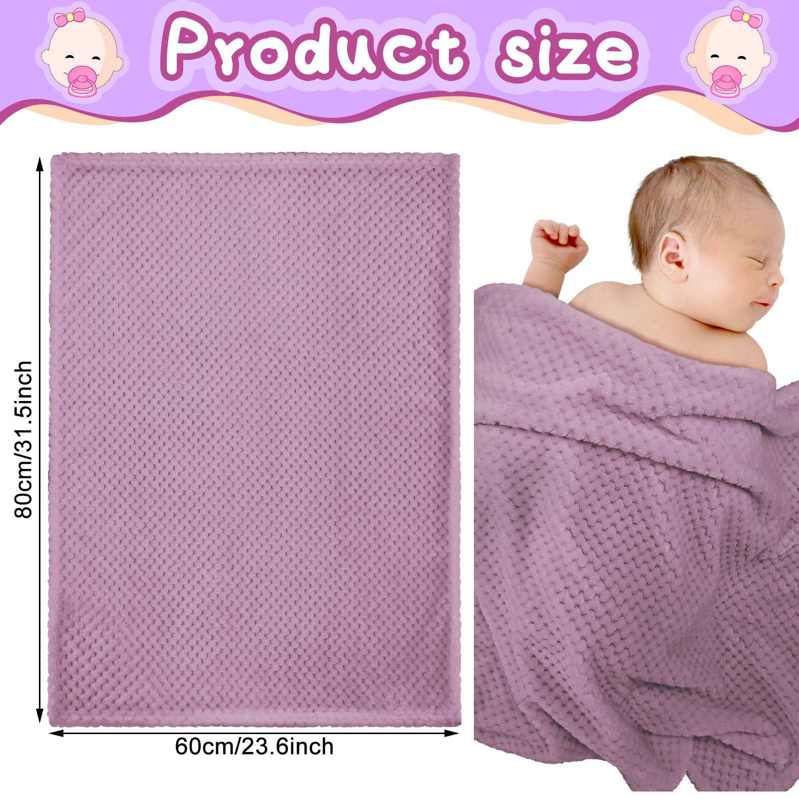 Frienda baby blanket 32x24 purple draped over infant in crib for soothing warmth.