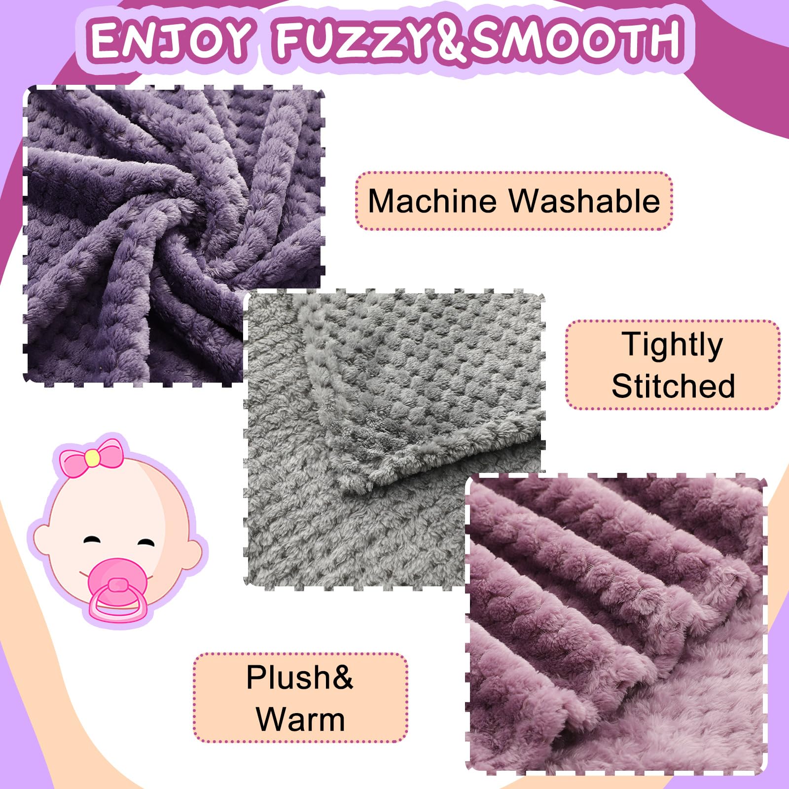 Frienda baby blanket 32x24 purple laid on sofa for cuddle time and extra warmth.