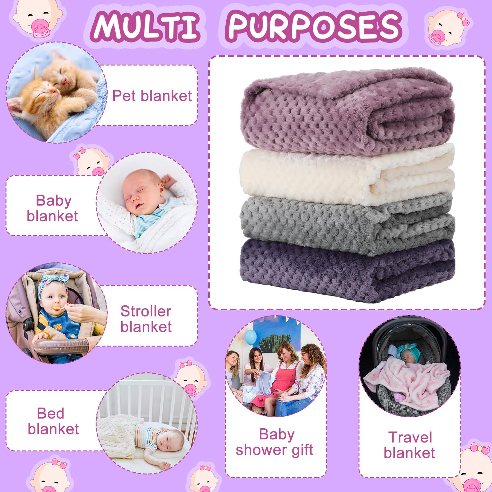 Frienda baby blanket 32x24 purple in stroller demonstrates portable warmth and comfort.