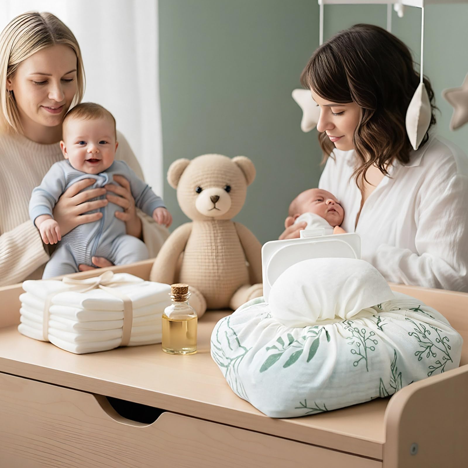 Frienda wipes cover on nursery shelf highlights soft cotton texture.