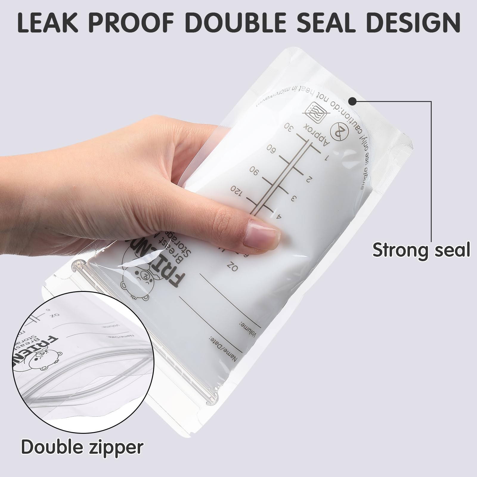Frienda breastmilk bags include a measurement scale for date and volume at a glance.