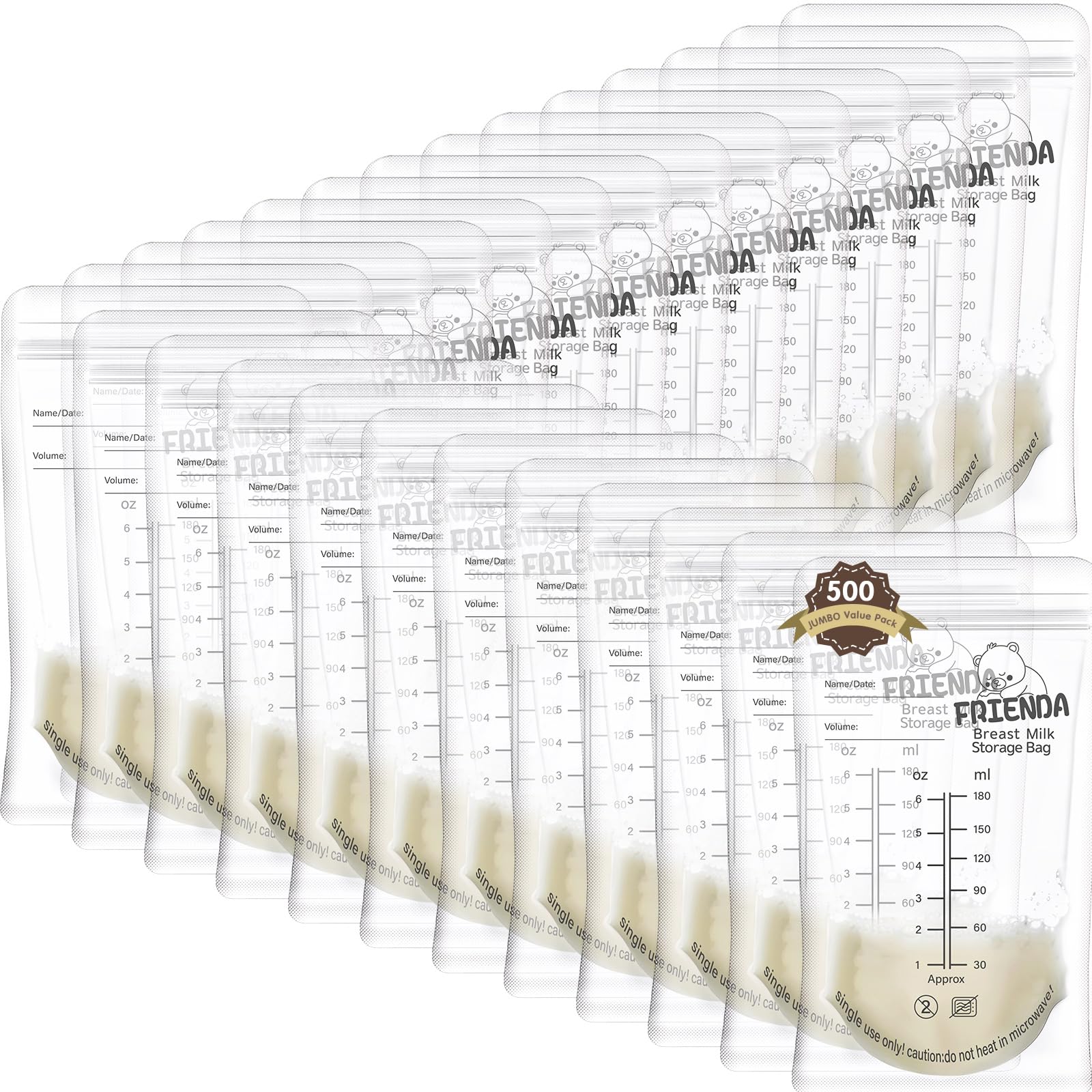Frienda breastmilk bags show 6 oz size for easy freezer stacking and transport.