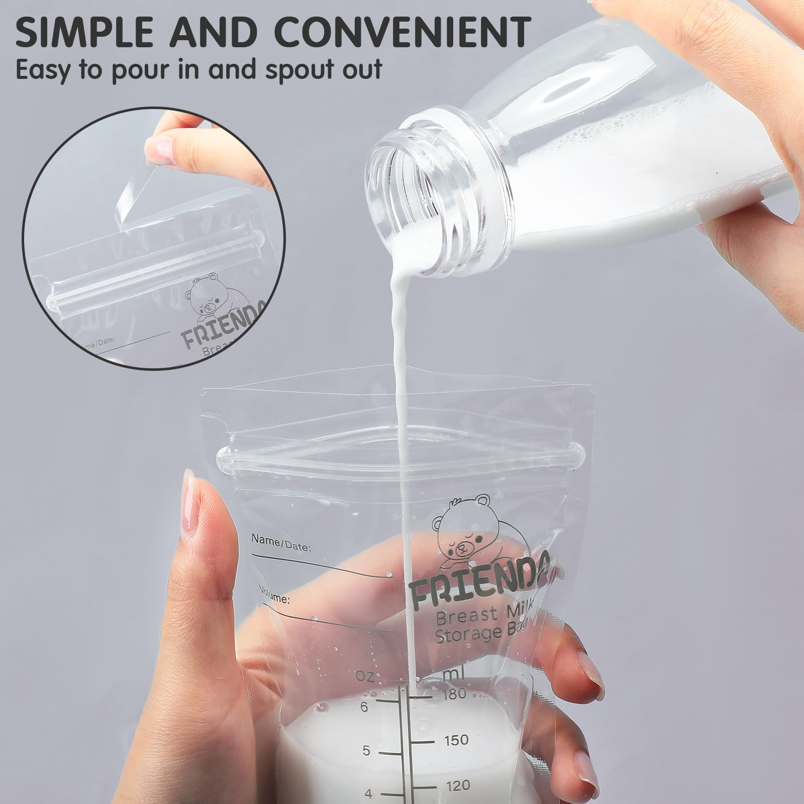 Frienda breastmilk bags' upright bottom support helps them stand steadily on shelves.