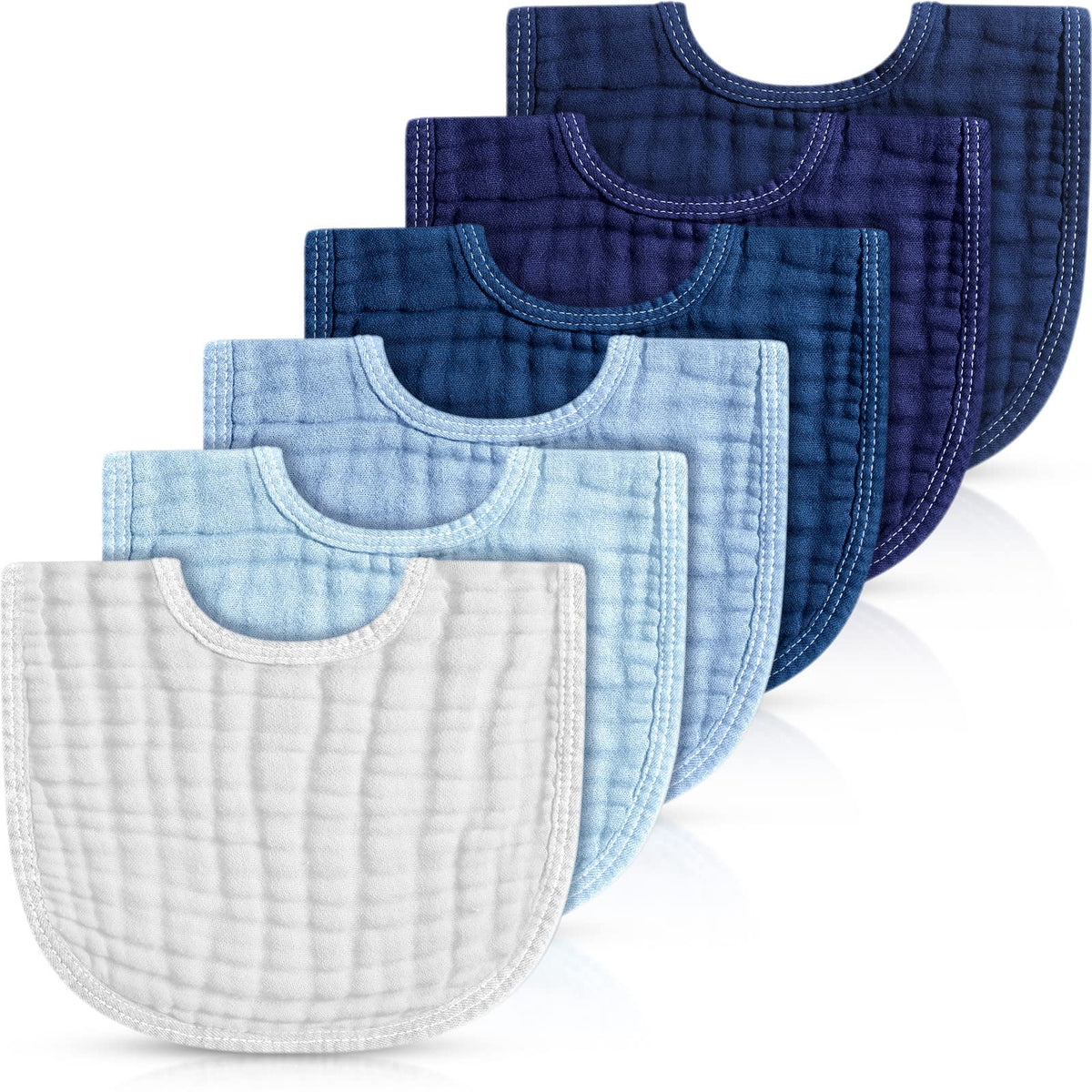 Frienda muslin bibs six-pack flatlay shows soft cotton texture for gentle baby skin