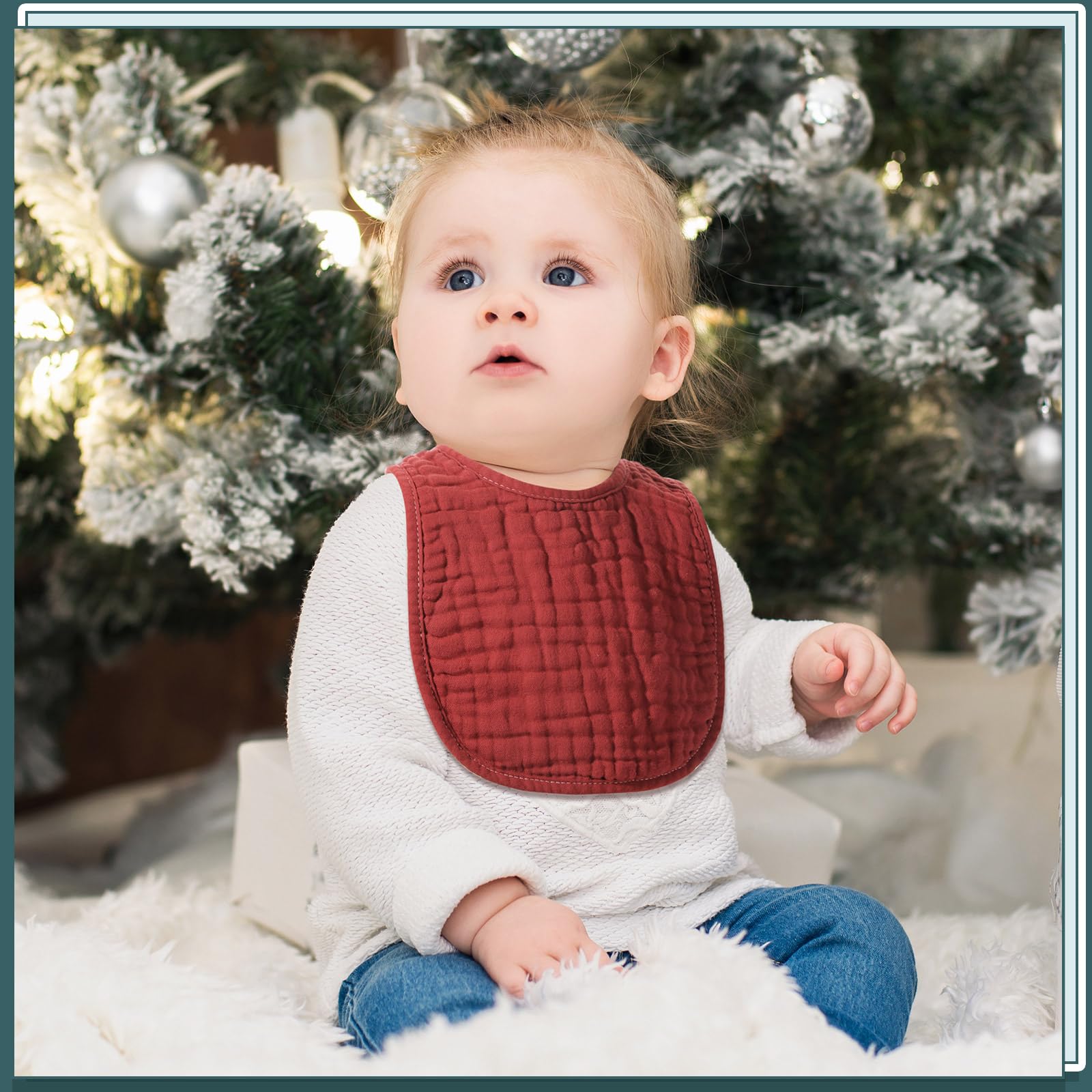 Frienda muslin bibs snaps and trim detail illustrate secure fit.